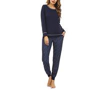 Litherday Pigiama Donna Invernale Lungo Pantaloni Stampati Blu Navy XL | Tessuto morbido, maglia lunga e pantaloni stampati con coulisse, lavaggio facile, per dormire, casa, relax e viaggio serale