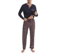 Litherday Pigiama Uomo Invernale Cotone Due Pezzi con Maglia Girocollo e Pantaloni Scozzesi Lunghi Comodi con Tasche per Casa Stile B-Blu S