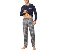 Litherday Pigiama Uomo Invernale Cotone Due Pezzi con Maglia Girocollo e Pantaloni Scozzesi Lunghi Comodi con Tasche per Casa Stile B-Blu Scuro + Blu e Bianco XXL