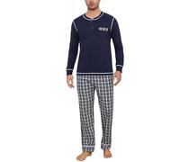 Litherday Pigiama Uomo Invernale Cotone Due Pezzi con Maglia Girocollo e Pantaloni Scozzesi Lunghi Comodi con Tasche per Casa Stile B-Blu Scuro M
