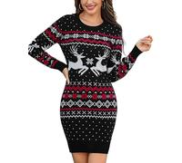 Litherday Vestito Natalizio Donna Lungo con Renne e Fiocchi di Neve - Abito Maglione Invernale Girocollo Manica Lunga Elegante e Divertente per Natale e Feste Stile 1 Nero S