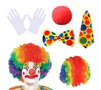 Lithyc Set Costume da Clown 5 Pezzi con Parrucca Colorata, Naso, Papillon, Cravatta E Guanti per Adulti, Carnevale Donna Pagliaccio