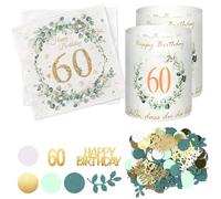 Litinliv 100 pezzi Coriandoli compleanno,Decorazione per 60 compleanno,20 fogli Tovaglioli per il 60° compleanno,motivo eucalipto,12 pezzi Portacandele da tavolo,Coriandoli verdi oro happy birthday