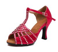 LITNERMIA Sandali da donna a T-Strap Peep Toe Strass Sala da ballo Latina Americana Scarpe da ballo Matrimonio Party, C viola tacco 8 cm, 39.5 EU