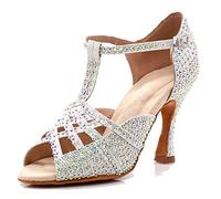 LITNERMIA Sandali da donna a T-Strap Peep Toe Strass Sala da ballo Latina Americana Scarpe da ballo Matrimonio Party, B argento tacco 9 cm, 39.5 EU