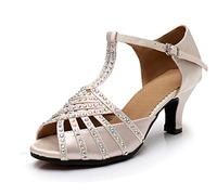 LITNERMIA Sandali da donna a T-Strap Peep Toe Strass Sala da ballo Latina Americana Scarpe da ballo Matrimonio Party, C, beige, tacco da 6 cm, 34.5 EU