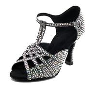 LITNERMIA Sandali da donna a T-Strap Peep Toe Strass Sala da ballo Latina Americana Scarpe da ballo Matrimonio Party, B nero, tacco da 9 cm, 39.5 EU