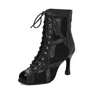 LITNERMIA Scarpe da donna per feste e balli con lacci, in rete latina, Al8017, tacco 9 cm, nero, 34 EU