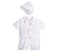 Lito Angels - Abito da Battesimo per Bimbo, Completo Bianco 5 Pezzi Set (Gilet, Camicia, Pantaloni, Papillon e Cappello), Taglia 12-18 Mesi, Stile B, Manica Corta