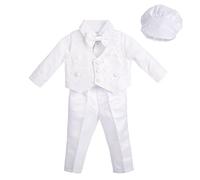 Lito Angels - Completo Abito Bianco da Battesimo per Bimbo, 5 Pezzi Set (Gilet, Camicia, Pantaloni, Papillon e Cappello), Taglia 3-6 Mesi, Manica Lunga, Floreale