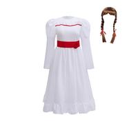 Lito Angels Costume Annabelle Bambola Diabolica Vestito Bianco con Cintura Rossa e Parrucca per Bambina Halloween Carnevale Festa Scolastica Settimana del Libro Eta 10-11 Anni 146
