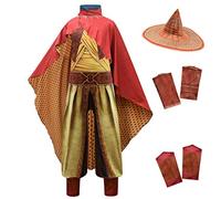 Lito Angels Costume da Raya e l'Ultimo Drago per Bambina, Tuta con Cappello di Bambù e Mantello Rosso, Abito da Festa, Taglia 3-4 Anni, Set C