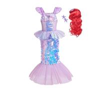 Lito Angels Costume da Sirenetta Vestito Principessa Ariel Sirena con Parrucca Rossa per Ragazza Taglia 6-7 Anni, Viola (Etichetta in Tessuto 130)