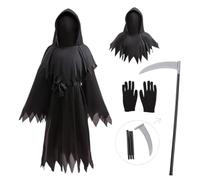 Lito Angels Costume Halloween Bambini Grim Reaper 9-10 Anni con Mantello Nero Cappuccio Guanti Falce e Cintura per Festa in Maschera Carnevale Scuola e Spettacolo Taglia140