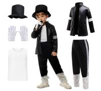 Lito Angels Costume Pop Star Anni '80 '90 per Ragazzi, Set 6 Pezzi con Giacca Nera con Paillettes, Pantaloni, Cappello, Guanto - Spettacoli, Halloween, Danza, Età 10-11 Anni 140