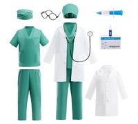 Lito Angels Kids Doctor Costume Set with Lab Coat Scrubs Cap Mask Medical Accessories for Boys Girls Career Day Role Play Halloween Cosplay, Age 10-11 Years Green
