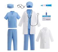 Lito Angels Kids Doctor Costume Set with Lab Coat Scrubs Cap Mask Medical Accessories for Boys Girls Career Day Role Play Halloween Cosplay, Age 12-13 Years Blue