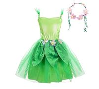 Lito Angels Trilli Tinkerbell Costume per Bambina, Vestito Fata Verde con Corona di Fiori, Taglia 5-7 anni, L