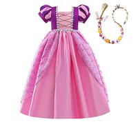 Lito Angels Vestito Costume da Principessa Rapunzel con Parrucca Treccia per Bambina, Taglia 9-10 Anni, Manica Corta, Rosa Viola