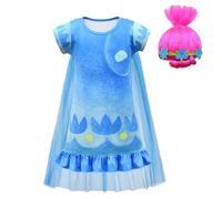 Lito Angels Vestito Costume Party Trolls Carnevale Travestimento con Parrucca Rosa per Bambina Taglia 5-6 anni, Blu