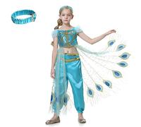Lito Angels Vestito Costume Principessa Jasmine per Bambina, Completo di Top con Strascico di Pavoni, Fascia e Pantaloni, Taglia 6-7 Anni