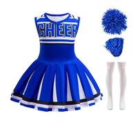 Lito Angels Vestito Costume Uniforme da Cheerleader con Pon Pon e Calzini per Bambina Taglia 9-10 anni, Blu
