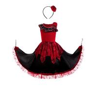 Lito Angels Vestito Flamenco Spagnolo per Ragazze Abito Elegante Rosso e Nero con Accessorio Capelli Costume per Danza Eventi Età 10-11 Anni 146