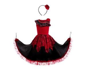 Lito Angels Vestito Flamenco Spagnolo per Ragazze Abito Elegante Rosso e Nero con Accessorio Capelli Costume per Danza Eventi Età 10-11 Anni 146