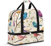 Little Birds - Borsone da viaggio per donne e uomini, con uccello sui rami, pieghevole, per sport, palestra, fine settimana, pernottamento, borsa da cabina con scomparto per scarpe, Multicolore