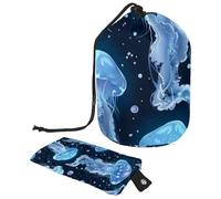 Little Blue Ghost Meduse Beauty case da viaggio per donne, borsa per cosmetici da viaggio pieghevole con coulisse, borsa da toeletta portatile, Medusa Fantasma Blu,