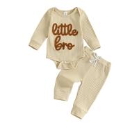 Little Brother - Tuta da neonato con ricamo, a costine, pantaloni da jogging, 2 pezzi, per autunno e inverno, benvenuto a casa, annuncio del bambino 3, 6, 9, 12 mesi, Beige, 0-3 Months