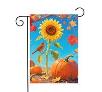 Little Cute Bird On Sunflower Fall Pumpkin Maple Leaves Blue Sky Bandiere Verticale Resistente Alle Intemperie Flag Colore Vivido Bandiera Per Feste Cortile Decorazione 30X45Cm