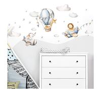 Little Deco - Adesivo da parete per cameretta dei bambini, per bambini, motivo: animali, aerei, leone, elefante, mongolfiera, nuvole, colore: blu, 190 x 87 cm (larghezza x altezza), DL246-4-XL