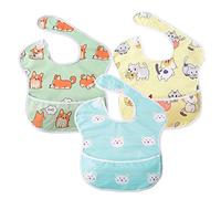Little Dimsum Bavaglini Neonato Impermeabili con Tasca，Set di 3 Bavaglino Impermeabile per Alimentazione,Regolabile e Facile da Lavare per 6-36 Mesi(Cat&Cane&Orso)