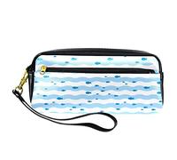 Little Fish on Blue White Wave Stripe - Astuccio grande capacità, organizer per cancelleria per studenti, astuccio a doppio strato con cerniera, astuccio per cosmetici con manico, Multicolore - 8,