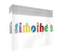 Little Helper Souvenir decorativo in acrilico trasparente lucido come Diamante Stile Illustrativo colorato con il nome di Giovane Ragazzo Timothe 15 x 21 x 2 cm grande