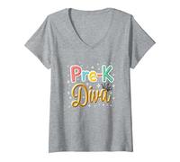 Little Miss Pre-K Diva | Principessa Prescolare Maglietta con Collo a V, Donna, Grigio Melange, L
