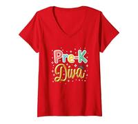 Little Miss Pre-K Diva | Principessa Prescolare Maglietta con Collo a V, Donna, Rosso, S