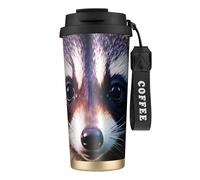 Little Raccoon Face - 1 borraccia termica in acciaio inox, per donne e uomini, con cannucce, coperchio a prova di perdite, colore nero