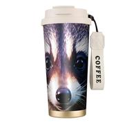 Little Raccoon Face - 1 borraccia termica in acciaio inox, per donne e uomini, con cannucce, coperchio a prova di perdite, colore bianco