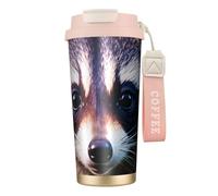 Little Raccoon Face - 1 borraccia termica in acciaio inox, per donne e uomini, con coperchio a prova di perdite, colore rosa