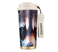 Little Raccoon Face - Borraccia isolata in acciaio inox, per donne e uomini, con cannucce, coperchio a prova di perdite, colore bianco