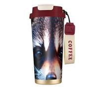 Little Raccoon Face - Borraccia isolata in acciaio inox, per donne e uomini, con cannucce, coperchio a prova di perdite, colore rosso