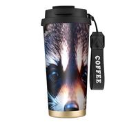 Little Raccoon Face - Borraccia isolata in acciaio inox, per donne e uomini, con cannucce, coperchio a prova di perdite, colore nero