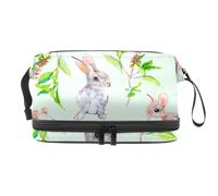 Little Sping - Beauty case a doppio strato con coniglietto e piante, per donne e ragazze, borsa da viaggio per trucchi, pratica borsa organizer con scomparto per pennelli, Multi, 27x15x14