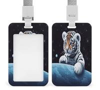 Little Tiger in Space - Porta badge trasparente con cordino staccabile, custodia verticale in plastica rigida per proteggere carte d'identità e carte di credito per ufficio e fabbrica
