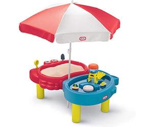 Little Tikes Tavolo Adatto a Sabbia e Acqua 2 in 1. Set di Gioco Multiuso per Bambini e Bambine con 7 Accessori e un Ombrellone. Sabbia e Acqua Non Incluse. Dai 2 Anni
