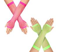 LittleForBig Guanti a rete per cosplay anni '80, senza dita, per donne e ragazze, set da 2 paia - rosa e verde brillante
