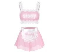 LittleForBig Nastro in pizzo unisex regolabile in rete Lingerie Loungewear Sissy Maid trasparente Bralette Rocked Panties Set con grembiule rimovibile, Colore: rosa., M