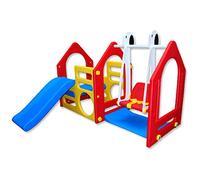 LittleTom Torre giochi da giardino con scivolo e altalena - Parco giochi per bambini da esterno 155x135 cm - Casetta con struttura per arrampicata per bambini dai 12 mesi in su, altalena da giardino